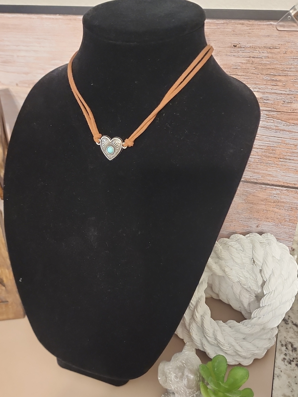 Heart Turquoise Cord Necklace in Tan - Women's Jewelry